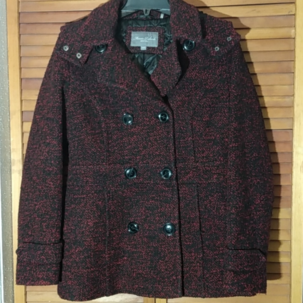 Red/Black Double-Breasted Teed coat Size Medium With Removable Hood - Picture 1 of 7